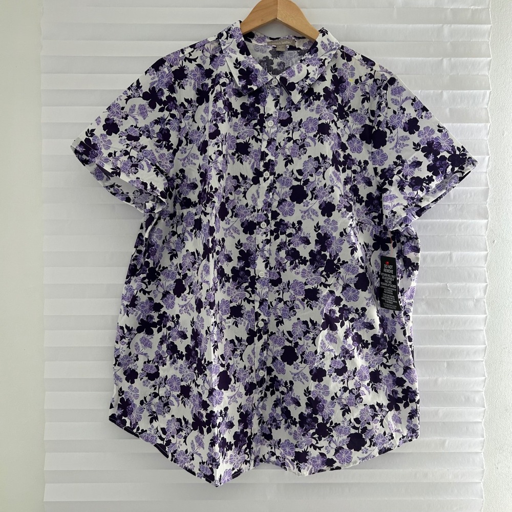 Woman Within Purple Floral Short Sleeve Button Down Shirt 1X 22/24 NEW